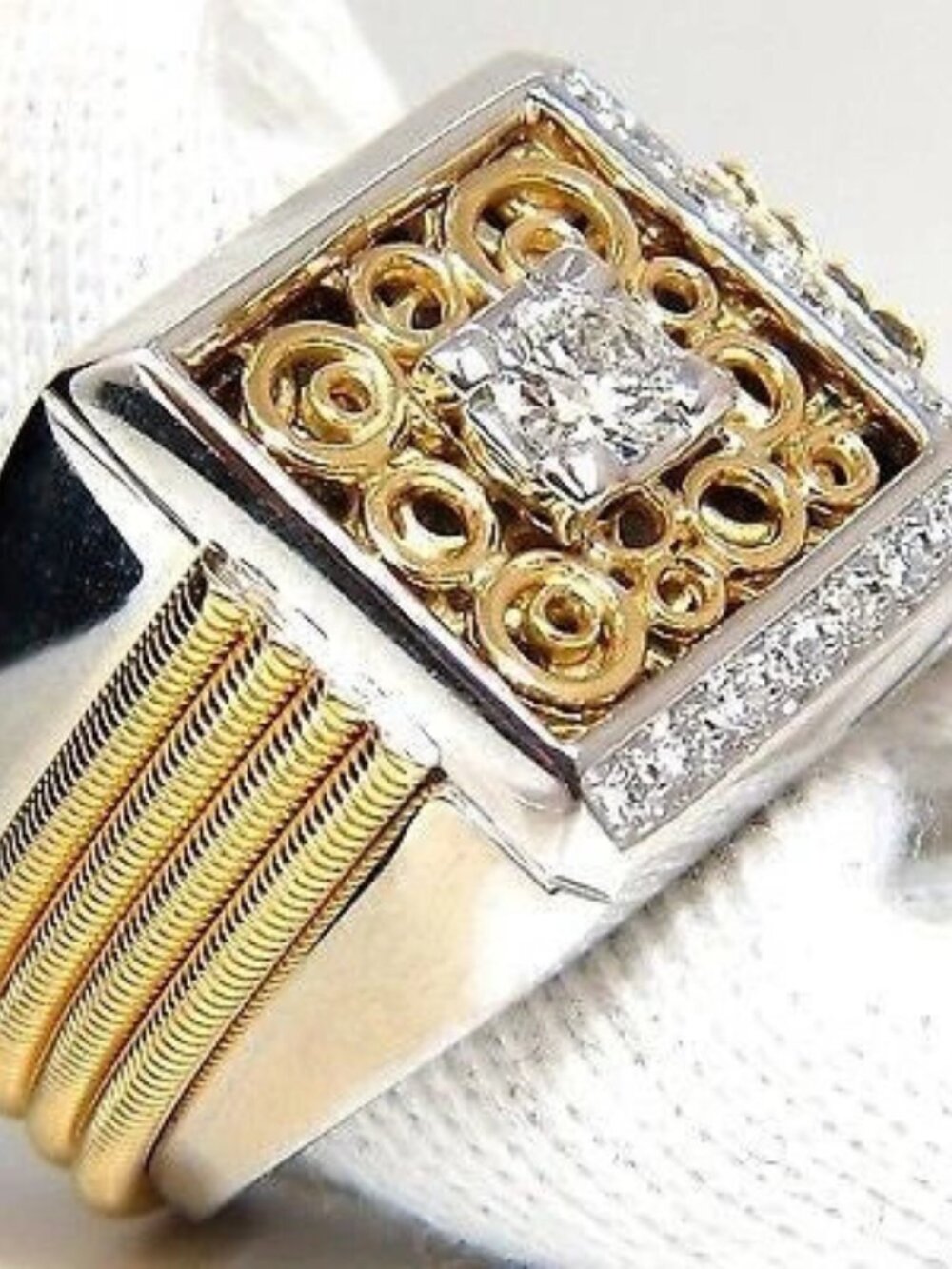 18kt mens .60ct diamond ring coil wrap 3d tourbillon still life deco 10002*